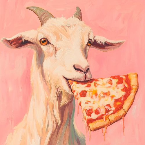 Geit met pizza in zijn bek