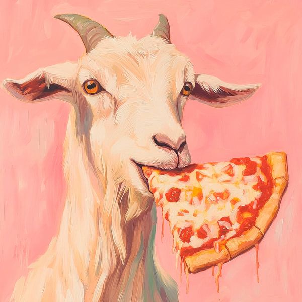 Goat with pizza in its mouth by Poster Art Shop
