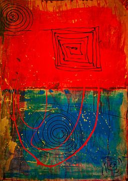 Een muurschildering in rood en blauw van Klaus Heidecker
