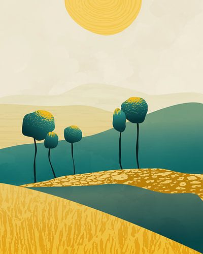Cinq arbres au soleil paysage abstrait