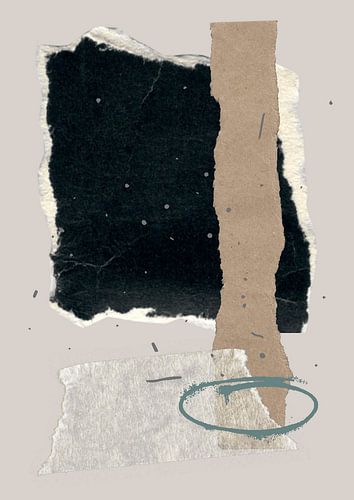 Collage minimaliste dans les tons noirs, verts et terreux.