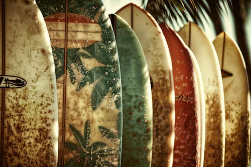 Sepia Surfplanken en Palmbladeren Collage