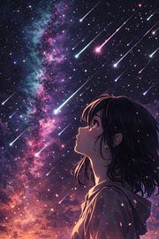 Anime Girl Stargazing Meteor Shower Night Sky Art by Faheem Beigh