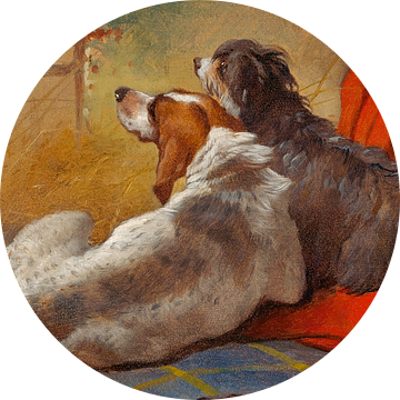 Een jachthond en een bearded collie zittend op een jachtmantel, John Frederick Herring