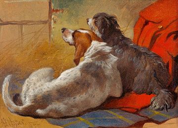 Een jachthond en een bearded collie zittend op een jachtmantel, John Frederick Herring