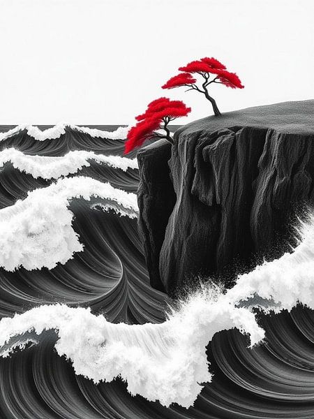 Karmesinrote Unverwüstlichkeit: Monochromer Ozean und rote Bäume am Rande einer Klippe - Abstrakter minimalistischer Kontrast Kunstdruck von Artistic