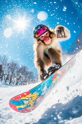 Snowboardende aap in de sneeuw