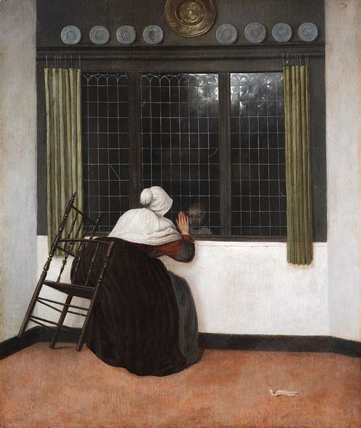 Frau winkt einem Kind hinter einem Fenster zu, Jacobus Vrel von Meisterhafte Meister