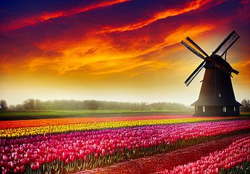 Oude windmolen in een tulpenveld in Nederland Illustratie