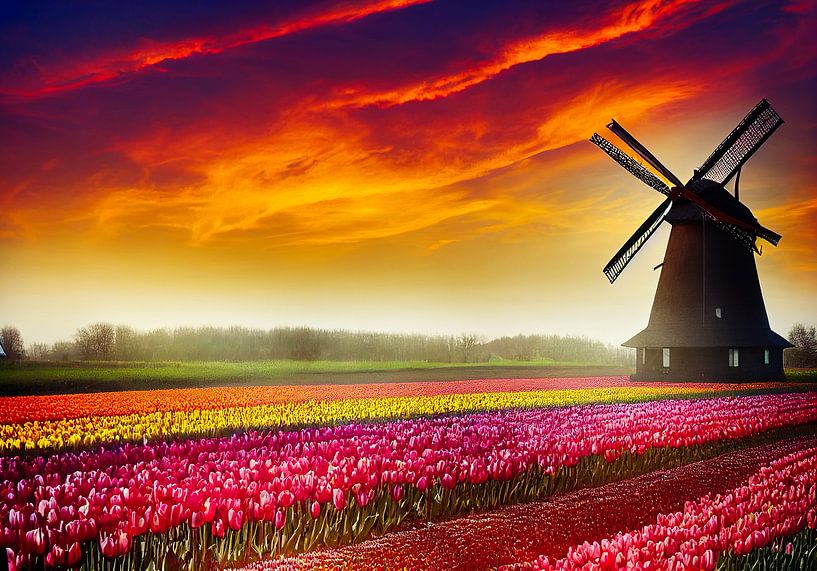 Vieux moulin à vent dans un champ de tulipes en Hollande Illustration par Animaflora PicsStock