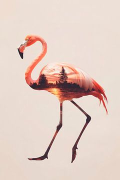 Flamingo met zonsondergang van Poster Art Shop