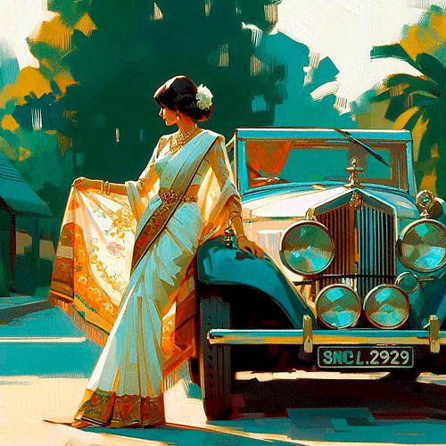 Woman in white and gold saree and old ford.