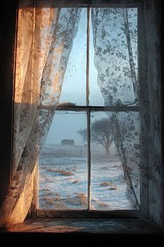 Winter Field Through Vintage Lace Window