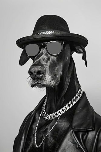 Dobermann stylé Avec chapeau et lunettes de soleil en noir et blanc