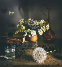 Still life with large dandelion and meadow flowers by Mykhailo Sherman
