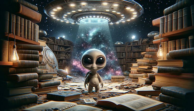 Un petit extraterrestre visite une bibliothèque intergalactique par artefacti