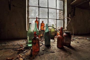 Urbex still life with coloured bottles by Dyon Koning