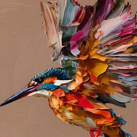 Painting of a colourful kingfisher in flight by But First Framing