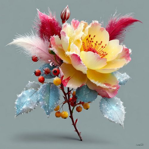 gele bloem met water en ijsvorming