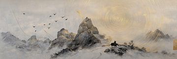 Panorama van bergen, vastgelegd in Chinese inkt op rijstpapier. van Digitale Schilderijen