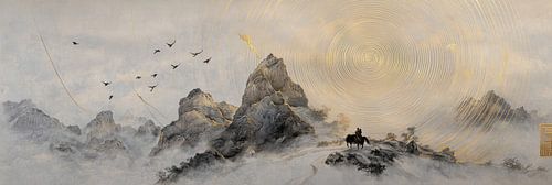 Panorama van bergen, vastgelegd in Chinese inkt op rijstpapier.