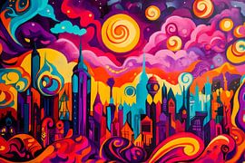 Bunte Skyline mit surrealem Himmel von Poster Art Shop