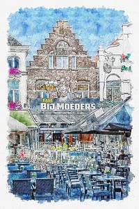 Café "Bij Moeders" in Roosendaal (aquarel) van Art by Jeronimo