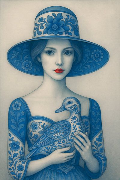 Delfts Blauw Sereniteit – vrouw met hoed en eend van Kleurenrijk