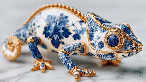 kameleon / leguaan in delfts blauw en goud op een wit marmeren achtergrond