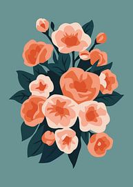 Ein eleganter Blumenstrauß mit Pfirsichblüten und grünen Blättern im minimalistischen Vektor-Poster-Stil