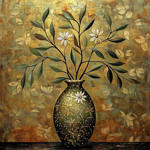 Vase mit Blumen | Goldener Hintergrund Grüne Vase