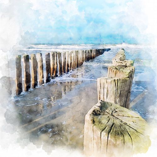 Watercolour painting of pile heads and North Sea on the coast near Domburg, Zeeland
