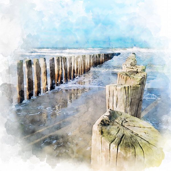 Watercolour painting of pile heads and North Sea on the coast near Domburg, Zeeland by Danny de Klerk