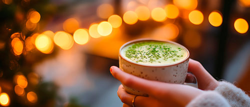 Gezellige mok met matcha en lichtjes