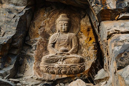 Serene Boeddha Uitgehakt in Rotswand