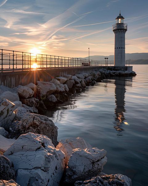 Vuurtoren, zee en ochtendlicht van fernlichtsicht