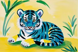 Blauw tijger schilderij met planten van Art & Soul Creations