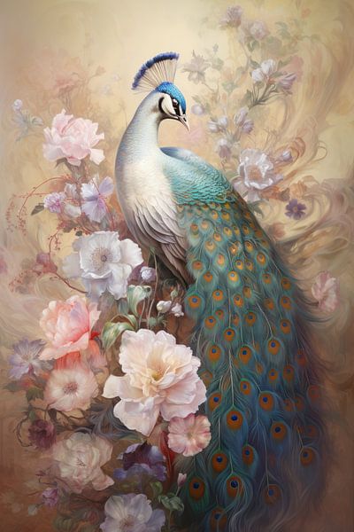 Pfau als Wandschmuck - helle Farbtöne von Digitale Schilderijen