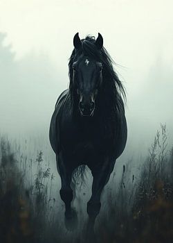 Schwarzes Pferd im nebligen Feld