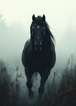 Schwarzes Pferd im nebligen Feld von mlaelaty 23