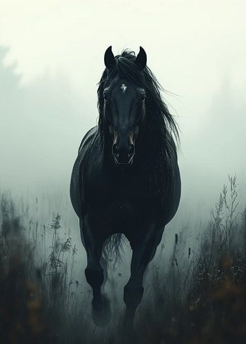 Zwart paard in mistig veld