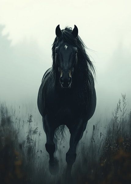 Schwarzes Pferd im nebligen Feld von mlaelaty 23