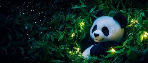 Panda in een zee van groene bladeren