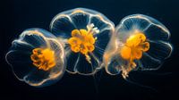 Three golden jellyfish in dark blue ocean