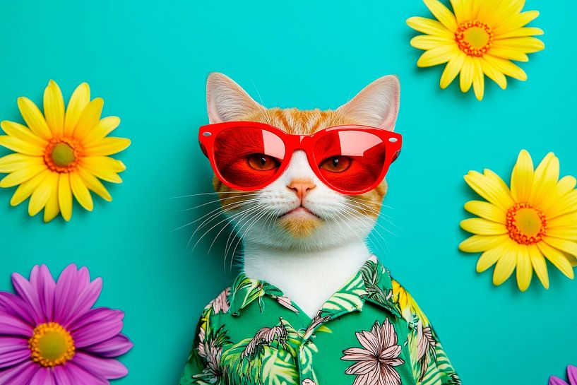 Chat chic avec lunettes de soleil et fleurs par Poster Art Shop