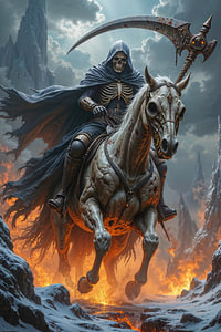 Dark Fantasy Art Wandbild: THARVORIN - Der Sensenmann auf seinem Pferd des Todes