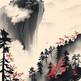 Traditioneel Japans inktlandschap met poëtische sfeer van MIROKKU