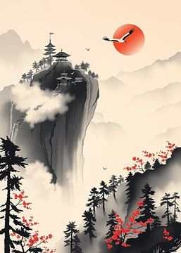 Paysage traditionnel à l'encre japonaise d'humeur poétique