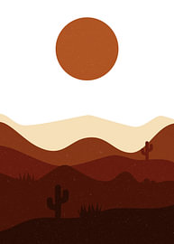 Paysage désertique minimaliste et bohème avec un soleil en terre cuite et des cactus sur Wisnu Xiao