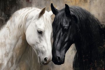 Portret van een wit en een zwart paard